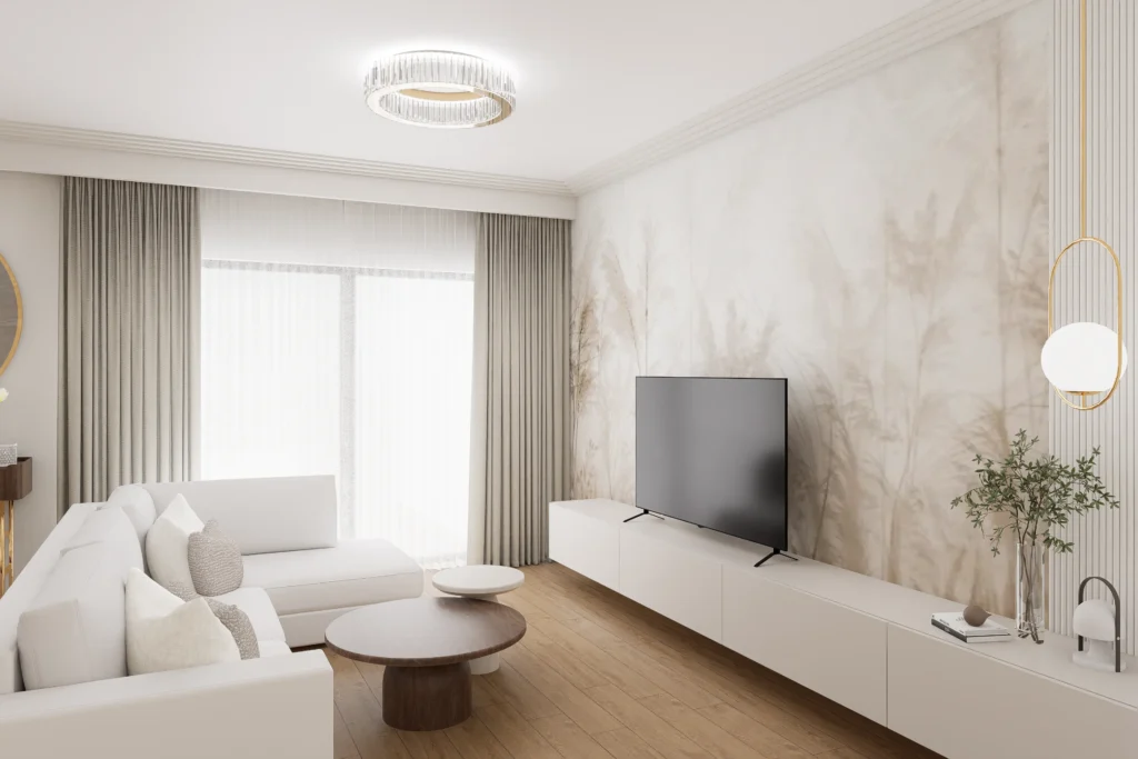 Nowoczesny salon z jadalnią i kuchnią w jasnych barwach, z białym narożnikiem, dwoma okrągłymi stolikami kawowymi z drewna oraz dużym stołem w części jadalnianej, otwarta elegancka przestrzeń dzienna z aneksem kuchennym i szerokimi oknami z lekkimi zasłonami.