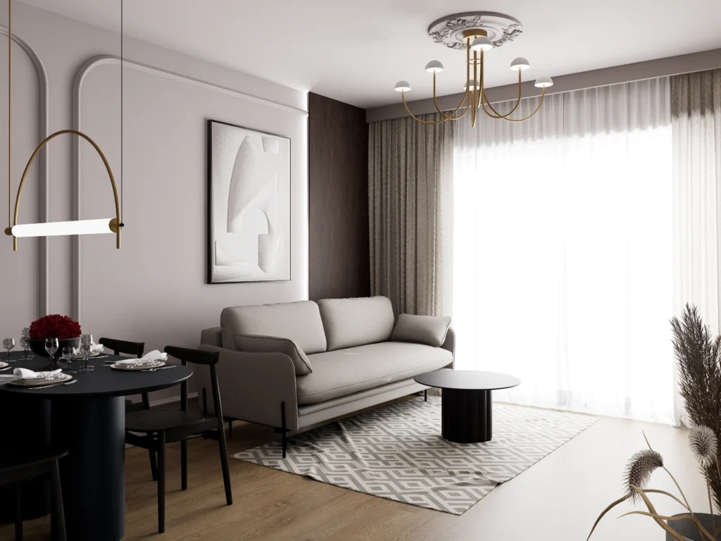 Nowoczesne mieszkanie w spójnej kolorystyce bordo, beżu i szarości, z geometryczną sypialnią z artystyczną tapetą, eleganckim salonem z aneksem kuchennym w bordowych frontach i zielonym marmurze oraz minimalistyczną łazienką walk‑in z jasnymi płytkami i złotymi dodatkami.