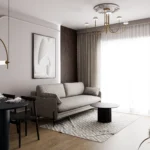 Nowoczesne mieszkanie w spójnej kolorystyce bordo, beżu i szarości, z geometryczną sypialnią z artystyczną tapetą, eleganckim salonem z aneksem kuchennym w bordowych frontach i zielonym marmurze oraz minimalistyczną łazienką walk‑in z jasnymi płytkami i złotymi dodatkami.