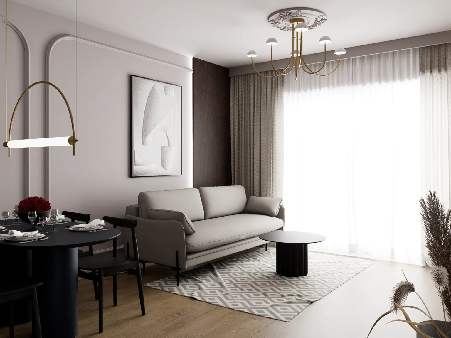 Nowoczesne mieszkanie w spójnej kolorystyce bordo, beżu i szarości, z geometryczną sypialnią z artystyczną tapetą, eleganckim salonem z aneksem kuchennym w bordowych frontach i zielonym marmurze oraz minimalistyczną łazienką walk‑in z jasnymi płytkami i złotymi dodatkami.