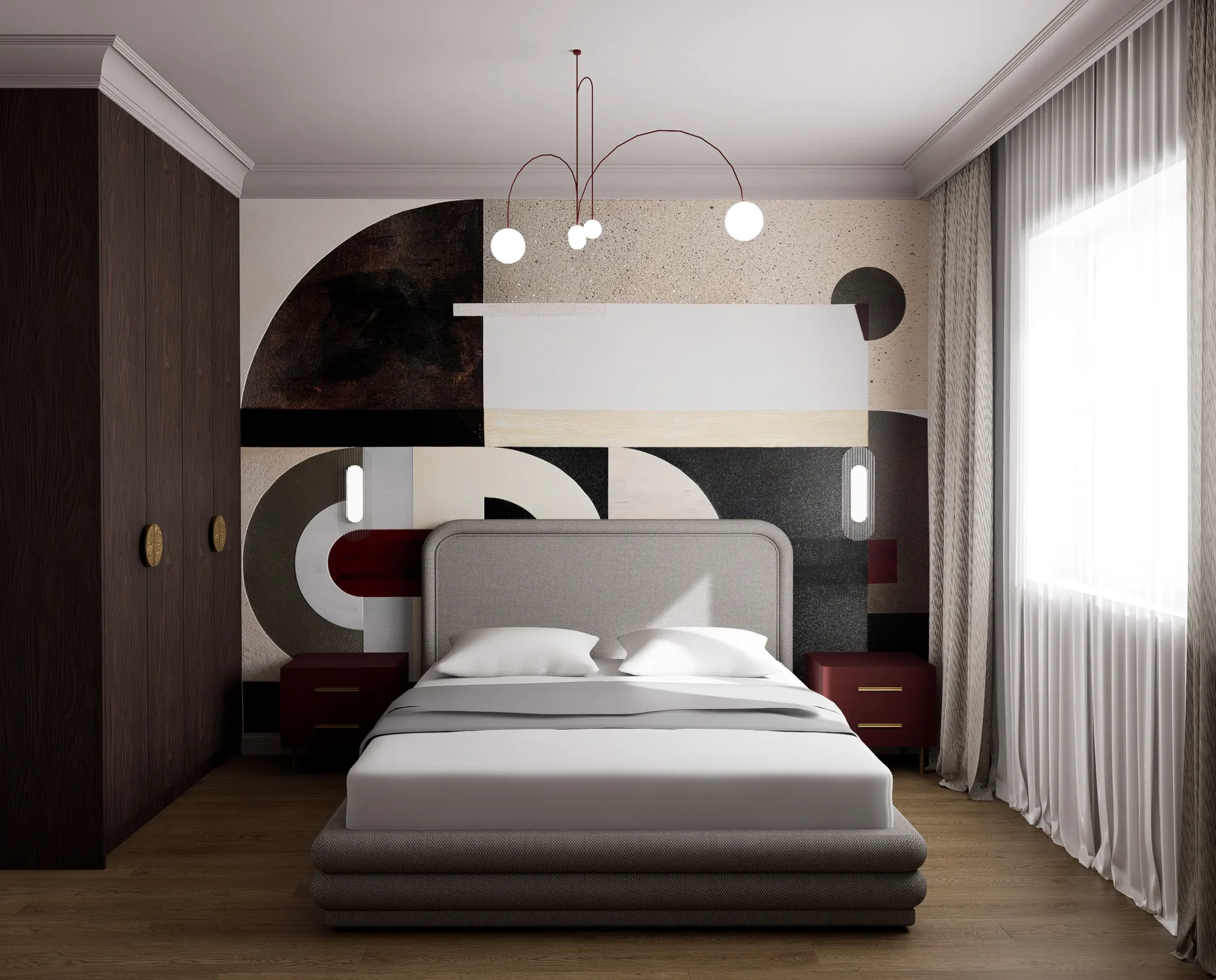 Nowoczesne mieszkanie w spójnej kolorystyce bordo, beżu i szarości, z geometryczną sypialnią z artystyczną tapetą, eleganckim salonem z aneksem kuchennym w bordowych frontach i zielonym marmurze oraz minimalistyczną łazienką walk‑in z jasnymi płytkami i złotymi dodatkami.