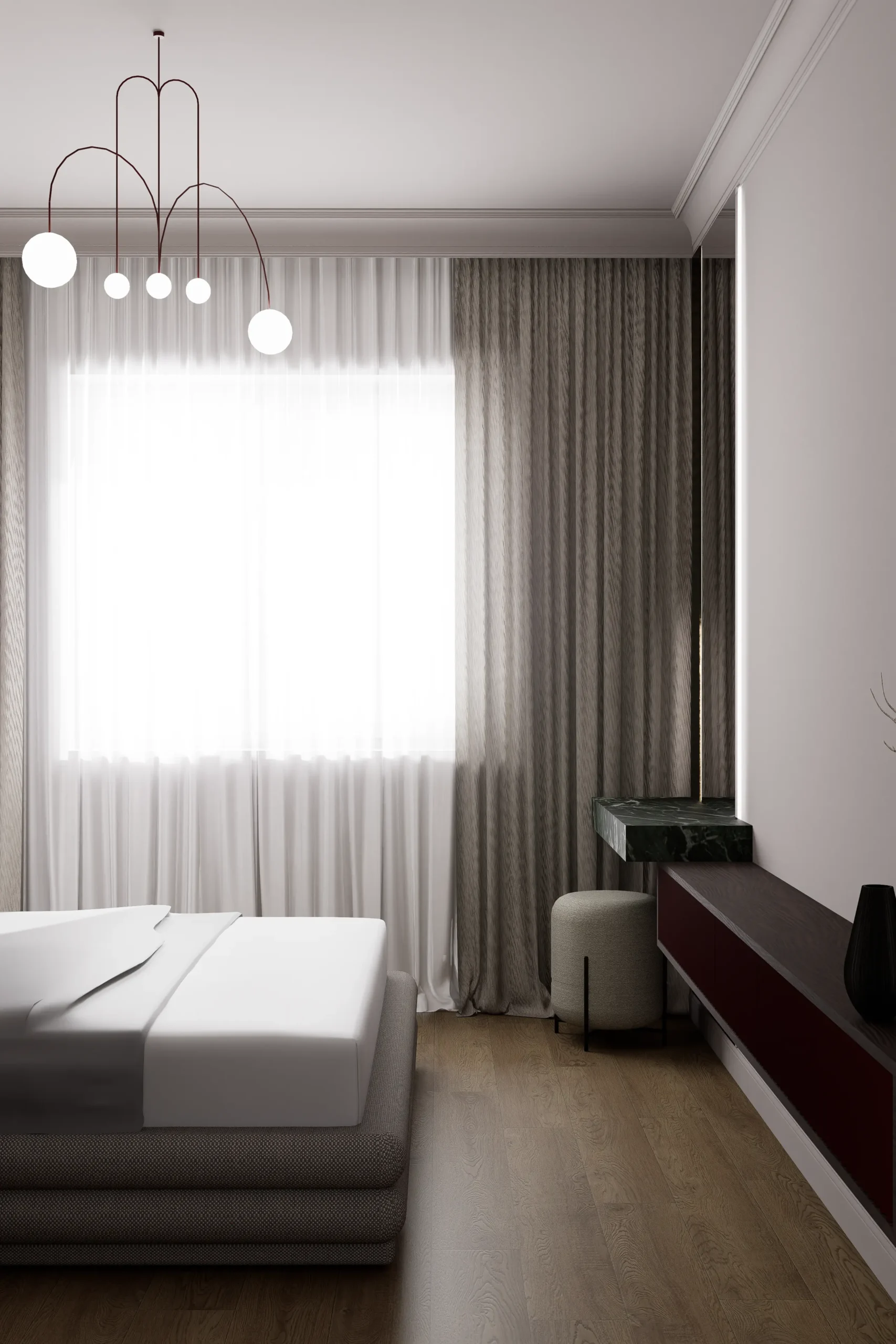 Nowoczesne mieszkanie w spójnej kolorystyce bordo, beżu i szarości, z geometryczną sypialnią z artystyczną tapetą, eleganckim salonem z aneksem kuchennym w bordowych frontach i zielonym marmurze oraz minimalistyczną łazienką walk‑in z jasnymi płytkami i złotymi dodatkami.