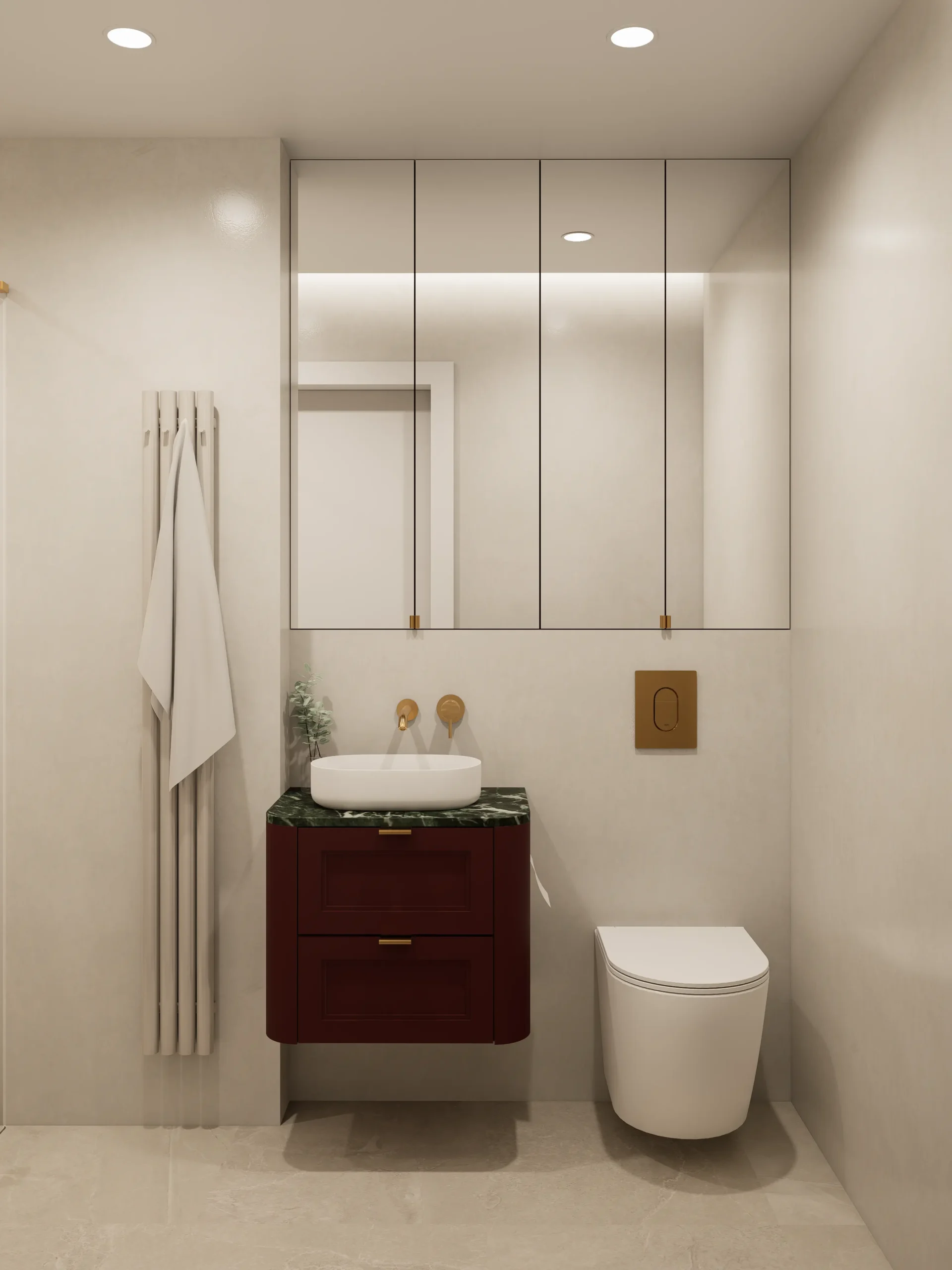 Nowoczesne mieszkanie w spójnej kolorystyce bordo, beżu i szarości, z geometryczną sypialnią z artystyczną tapetą, eleganckim salonem z aneksem kuchennym w bordowych frontach i zielonym marmurze oraz minimalistyczną łazienką walk‑in z jasnymi płytkami i złotymi dodatkami.