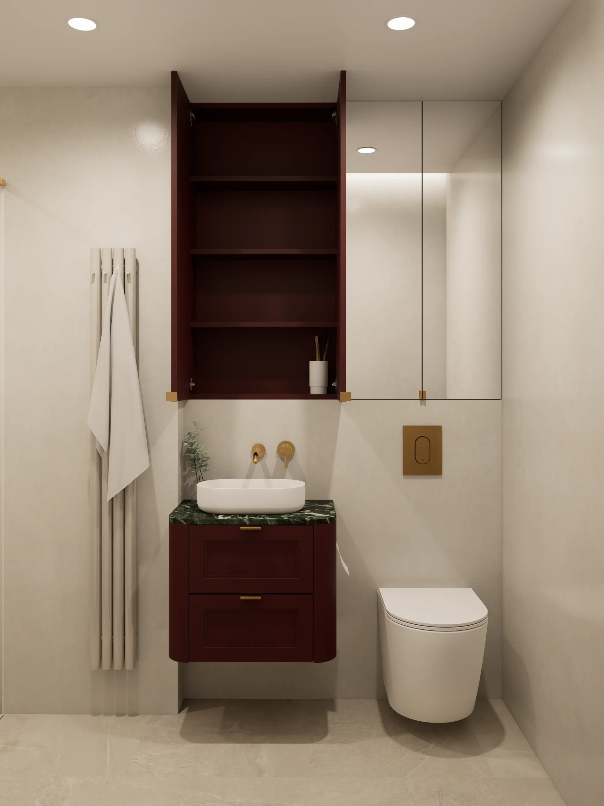 Nowoczesne mieszkanie w spójnej kolorystyce bordo, beżu i szarości, z geometryczną sypialnią z artystyczną tapetą, eleganckim salonem z aneksem kuchennym w bordowych frontach i zielonym marmurze oraz minimalistyczną łazienką walk‑in z jasnymi płytkami i złotymi dodatkami.