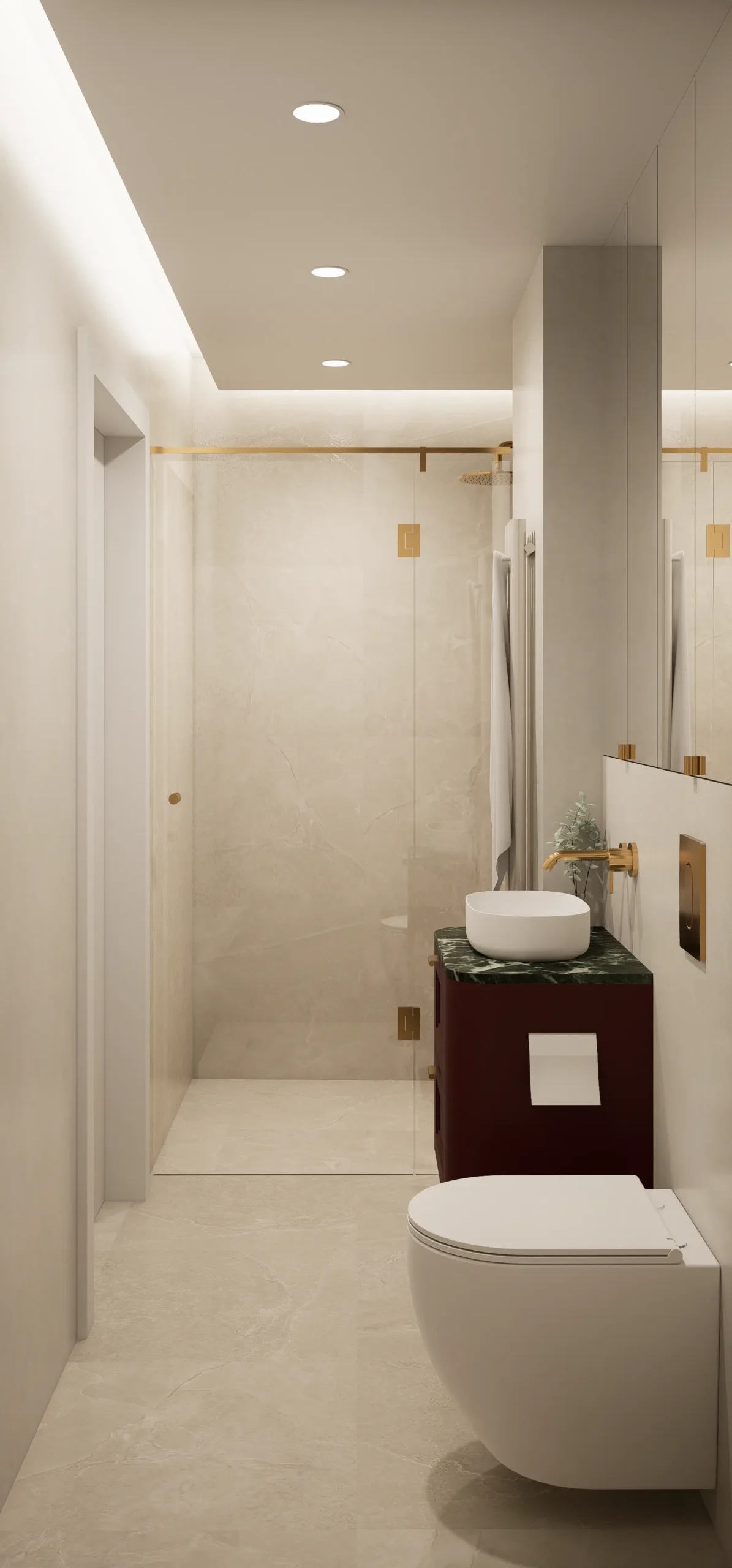 Nowoczesne mieszkanie w spójnej kolorystyce bordo, beżu i szarości, z geometryczną sypialnią z artystyczną tapetą, eleganckim salonem z aneksem kuchennym w bordowych frontach i zielonym marmurze oraz minimalistyczną łazienką walk‑in z jasnymi płytkami i złotymi dodatkami.
