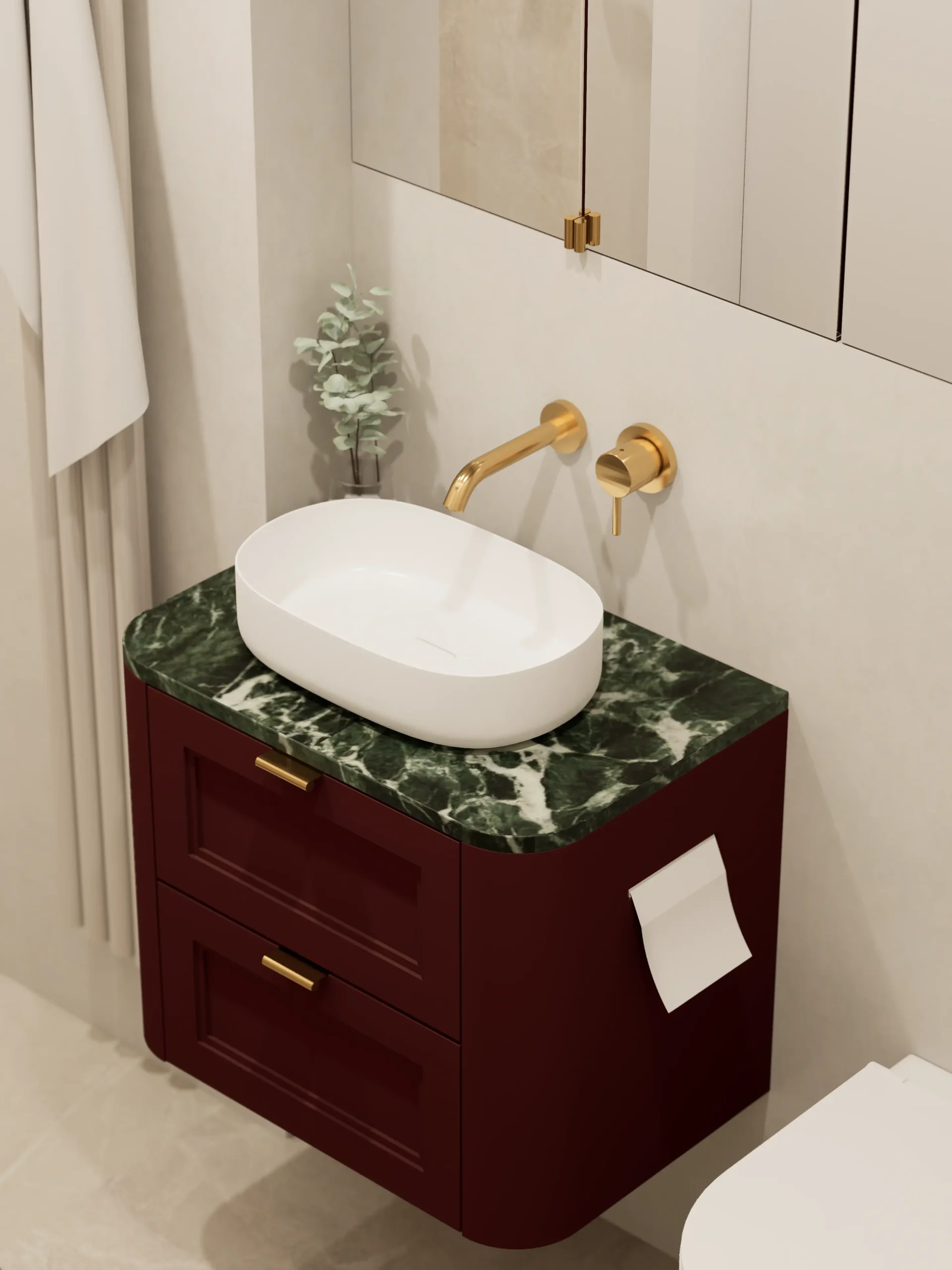 Nowoczesne mieszkanie w spójnej kolorystyce bordo, beżu i szarości, z geometryczną sypialnią z artystyczną tapetą, eleganckim salonem z aneksem kuchennym w bordowych frontach i zielonym marmurze oraz minimalistyczną łazienką walk‑in z jasnymi płytkami i złotymi dodatkami.